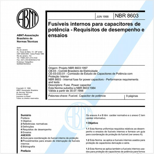 Fusíveis internos para capacitores de potência - Requisitos de desempenho e ensaios