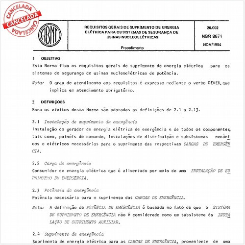 Requisitos gerais de suprimento de energia elétrica para sistemas de segurança de usinas nucleoelétricas
