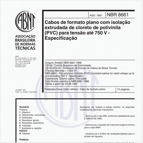 Cabos de formato plano com isolação extrudada de cloreto de polivinila (PVC) para tensão até 750V - Especificação