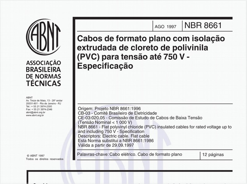 Cabos de formato plano com isolação extrudada de cloreto de polivinila (PVC) para tensão até 750V - Especificação