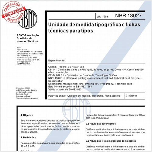 Unidade de medida tipográfica e fichas técnicas para tipos