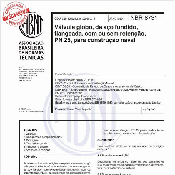 Válvula globo, de aço fundido, flangeada, com ou sem retenção, PN 25, para construção naval