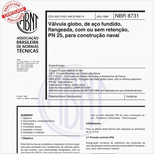 Válvula globo, de aço fundido, flangeada, com ou sem retenção, PN 25, para construção naval