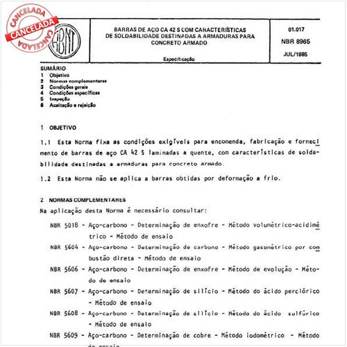 Barras de aço CA 42 S com características de soldabilidade destinadas a armaduras para concreto armado - Especificação