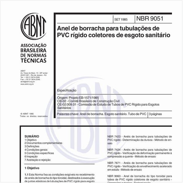 Anel de borracha para tubulações de PVC rígido coletores de esgoto sanitário - Especificação
