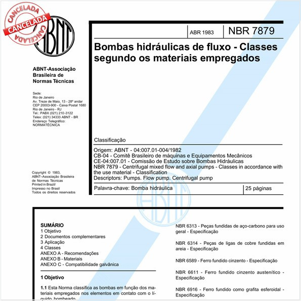 Bombas hidráulicas de fluxo - Classes segundo os materiais empregados