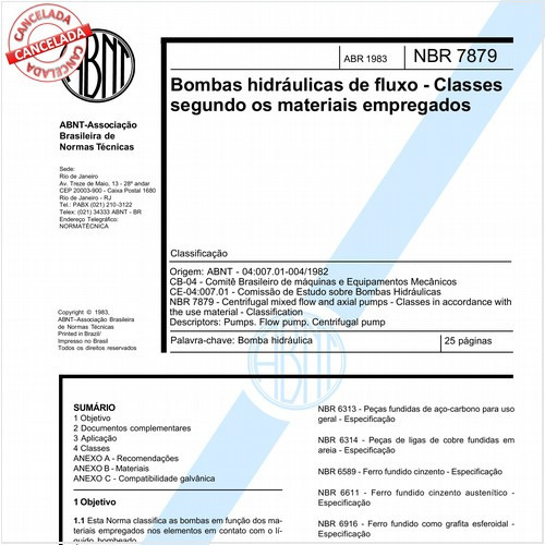 Bombas hidráulicas de fluxo - Classes segundo os materiais empregados