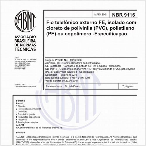 Fio telefônico externo FE, isolado com cloretode polivinila (PVC), polietileno (PE) ou copolímero - Especificação