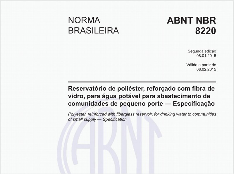 Reservatório de poliéster, reforçado com fibra de vidro, para água potável para abastecimento de comunidades de pequeno porte - Especificação