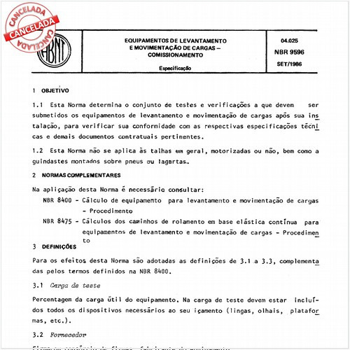 Equipamentos de levantamento e movimentação de cargas - Comissionamento