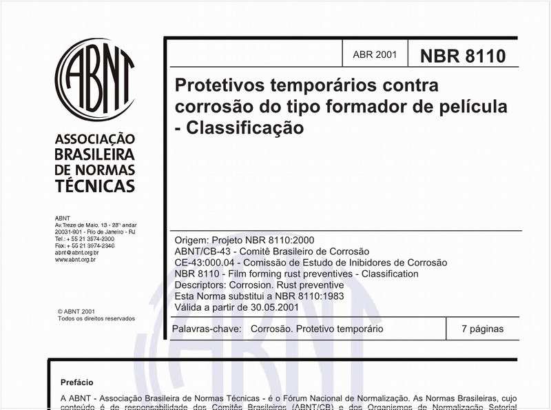 Protetivos temporários contra corrosão do tipo formador de película - Classificação