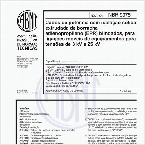 Cabos de potência com isolação sólida extrututada de borracha etilenopropileno (EPR) blindados, para ligações móveis de equipamentos para tensões de 3 kV a 25 kV - Especificação