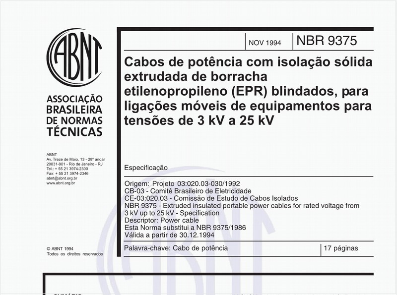 Cabos de potência com isolação sólida extrututada de borracha etilenopropileno (EPR) blindados, para ligações móveis de equipamentos para tensões de 3 kV a 25 kV - Especificação