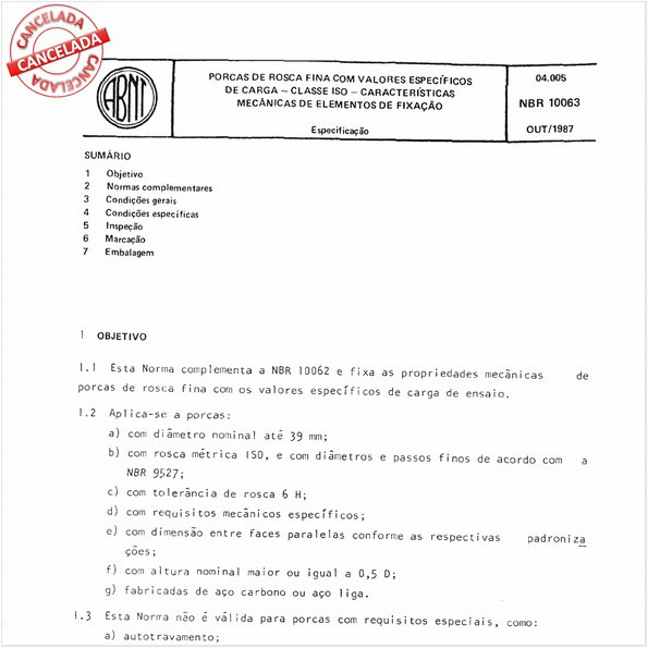 Porcas de rosca fina com valores específicos de carga - Classe ISO - Características mecânicas de elementos de fixação