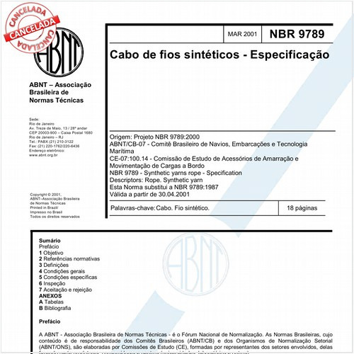 Cabo de fios sintéticos - Especificação