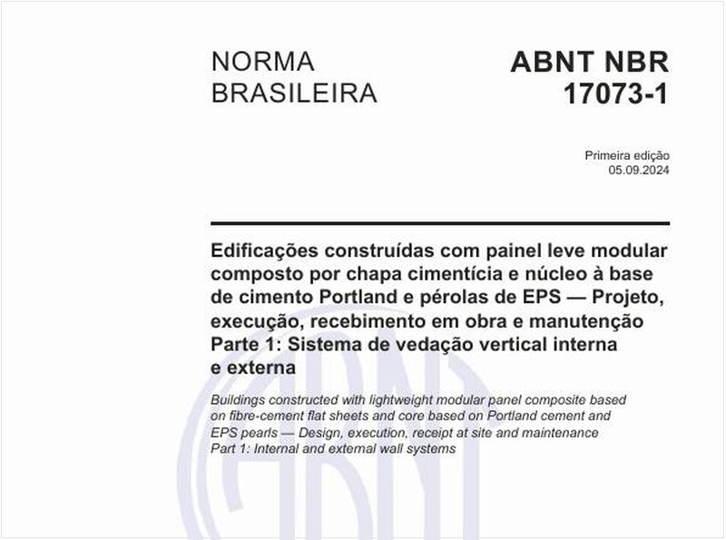 Edificações construídas com painel leve modular composto por chapa cimentícia e núcleo à base de cimento Portland e pérolas de EPS — Projeto, execução, recebimento em obra e manutenção - Parte 1: Sistema de vedação vertical interna e externa