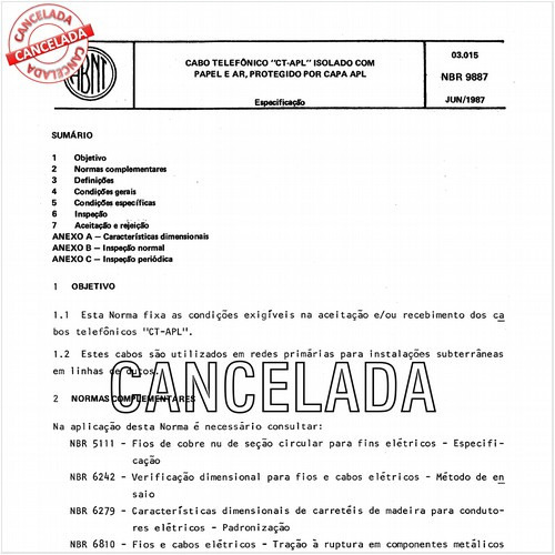 Cabo telefônico "CT-APL" isolado com papel e ar, protegido por capa APL