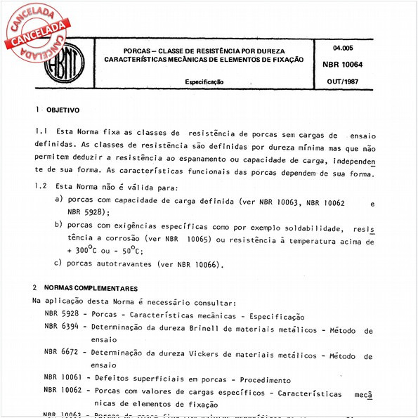 Porcas - Classe de resistência por dureza - Características mecânicas de elementos de fixação