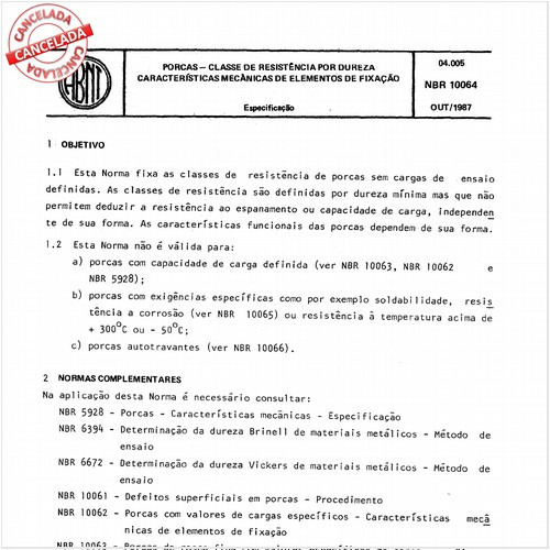 Porcas - Classe de resistência por dureza - Características mecânicas de elementos de fixação