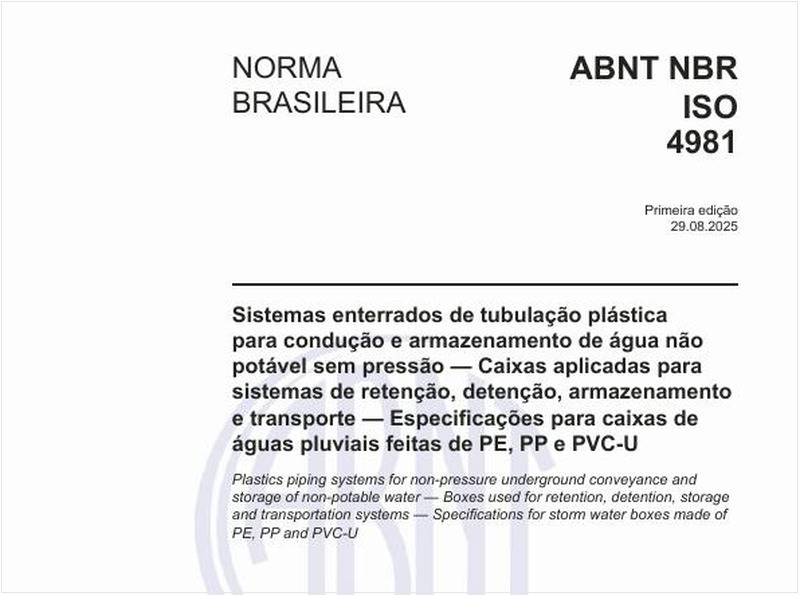 Sistemas enterrados de tubulação plástica para condução e armazenamento de água não potável sem pressão — Caixas aplicadas para sistemas de retenção, detenção, armazenamento e transporte — Especificações para caixas de águas pluviais feitas de PE, PP e PVC-U