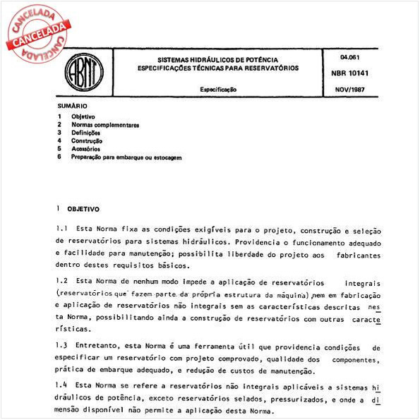 Sistemas hidráulicos de potência - Especificações técnicas para reservatórios