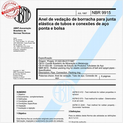Anel de vedação de borracha para junta elástica de tubos e conexões de aço ponta e bolsa - Especificação