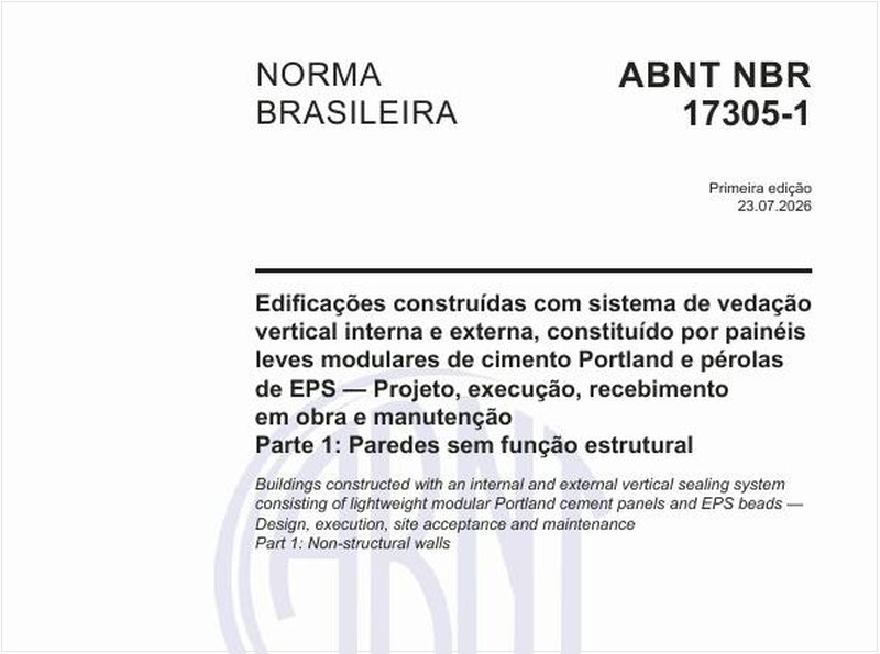 Edificações construídas com sistema de vedação vertical interno ou externo, constituído por painéis leves modulares de cimento Portland e pérolas de EPS — Projeto, execução, recebimento em obra e manutenção - Parte 1: Paredes sem função estrutural