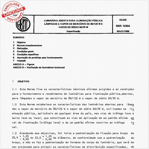 Luminária aberta para iluminação pública - Lâmpadas a vapor de mercúrio de 80/125 W e vapor de sódio 50/70 W