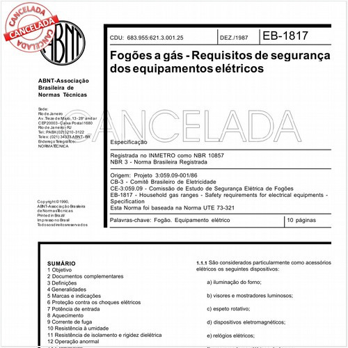 Fogões a gás - Requisitos de segurança dos equipamentos elétricos