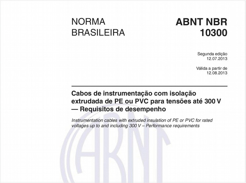 Cabos de instrumentação com isolação extrudada de PE ou PVC para tensões até 300 V — Requisitos de desempenho