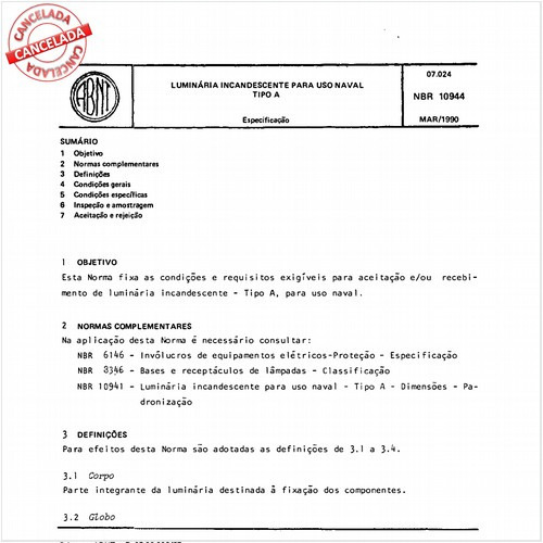 Luminária incandescente para uso naval - Tipo A