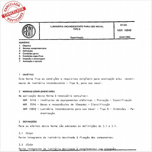 Luminária incandescente para uso naval - Tipo B