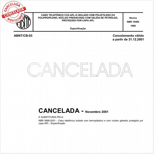 Cabo telefônico CCE-APL-G isolado com polietileno ou polipropileno, núcleo preenchido com geléia de petróleo, protegido por capa APL