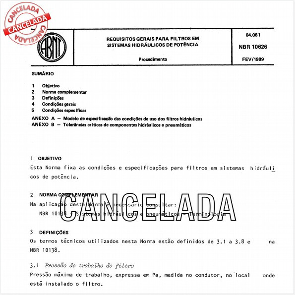 Requisitos gerais para filtros em sistemas hidráulicos de potência