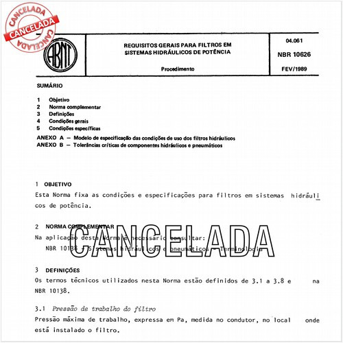 Requisitos gerais para filtros em sistemas hidráulicos de potência