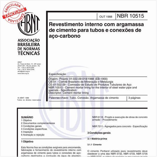 Revestimento interno com argamassa de cimento para tubos e conexões de aço-carbono