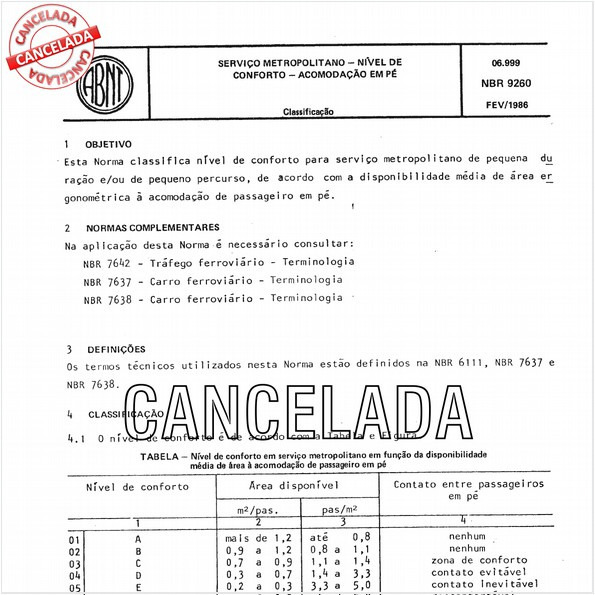 Serviço metropolitano - Nível de conforto - Acomodação em pé