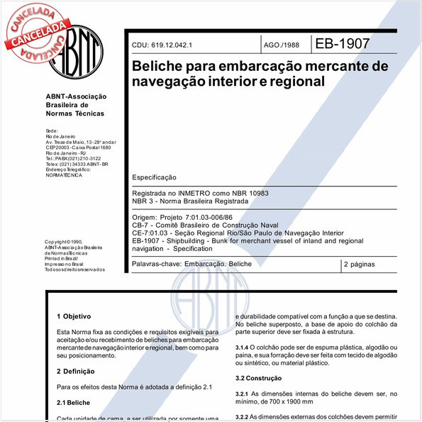 Beliche para embarcação mercante de navegação interior e regional
