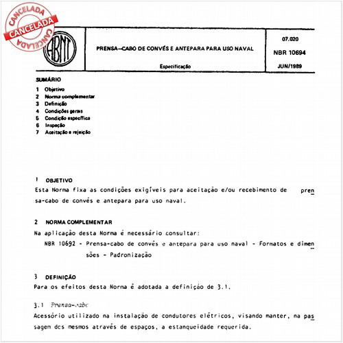 Prensa-cabo de convés e antepara para uso naval