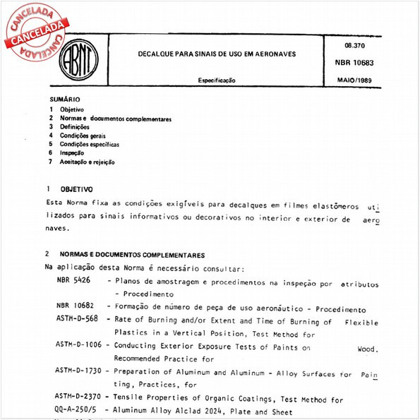 Decalque para sinais de uso em aeronaves