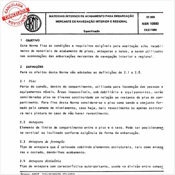Materiais internos de acabamento para embarcação mercante de navegação interior e regional