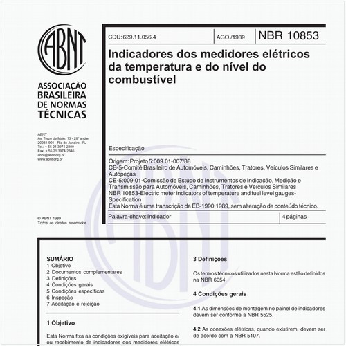 Indicadores dos medidores elétricos da temperatura e do nível do combustível - Especificação