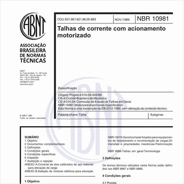 Talhas de corrente com acionamento motorizado - Especificação