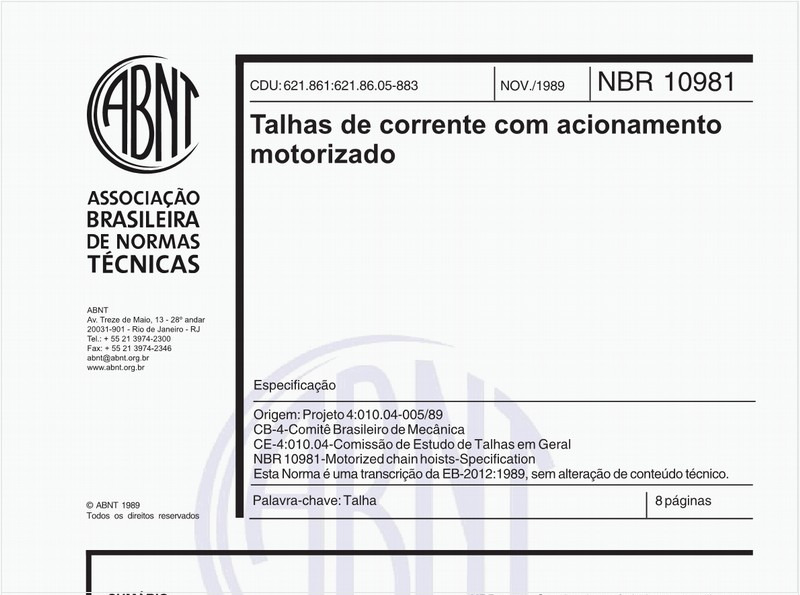 Talhas de corrente com acionamento motorizado - Especificação
