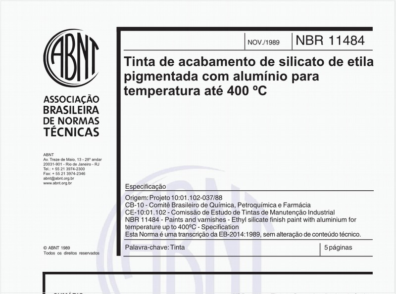Tinta de acabamento de silicato de etila pigmentada com alumínio para temperatura até 400°C - Especificação