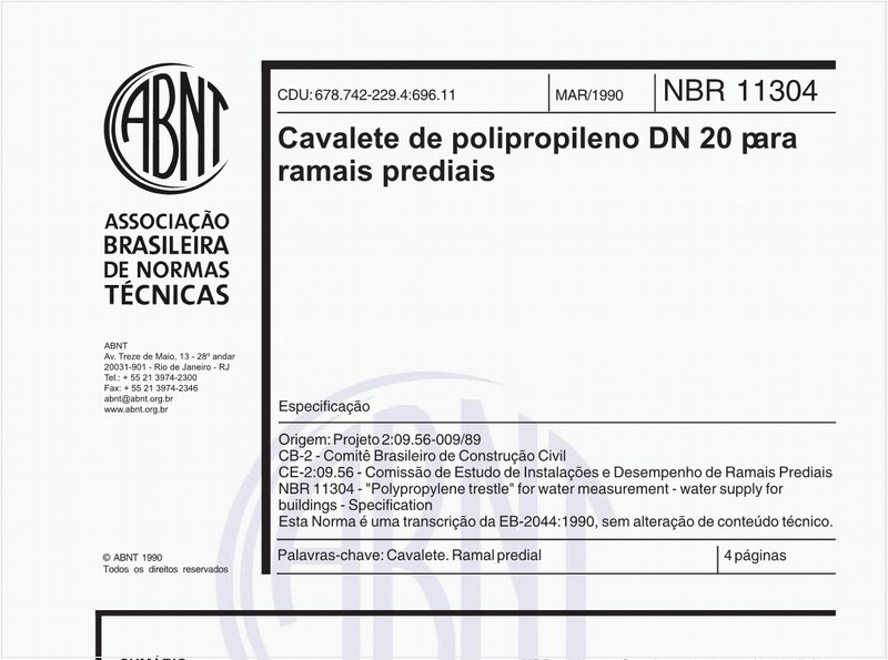 Cavalete de polipropileno DN 20 para ramais prediais - Especificação