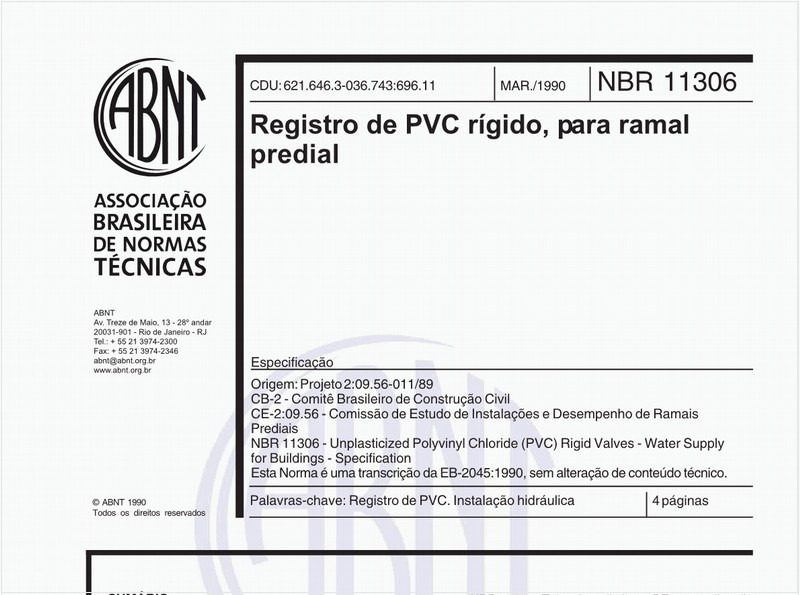 Registro de PVC rígido, para ramal predial - Especificação