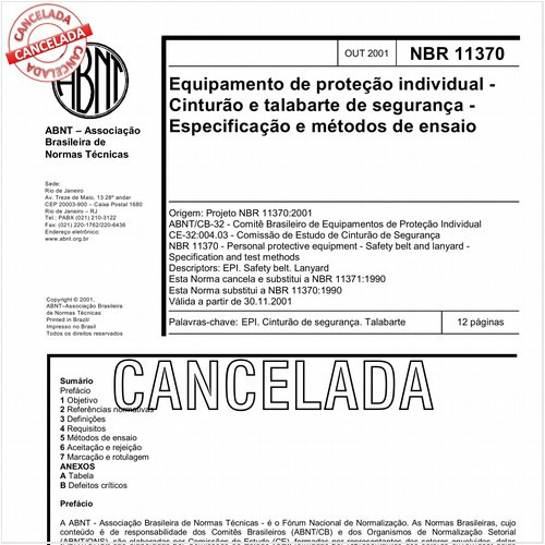 Equipamanto de proteção individual - Cinturão e talabarte de segurança - Especificação e métodos de ensaio