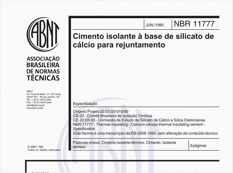 Cimento isolante à base de silicato de cálcio para rejuntamento - Especificação