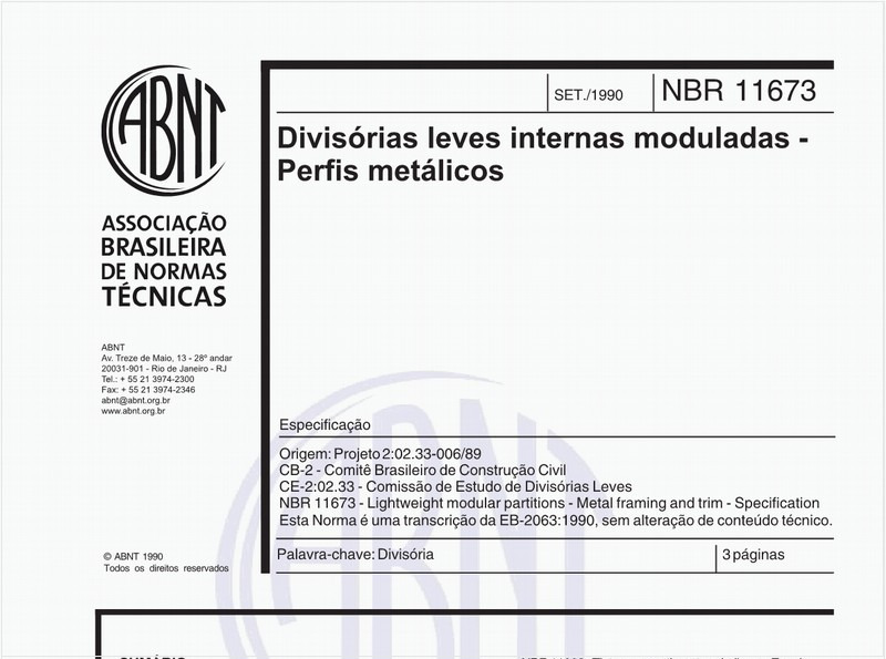 Divisórias leves internas moduladas - Perfis metálicos - Especificação